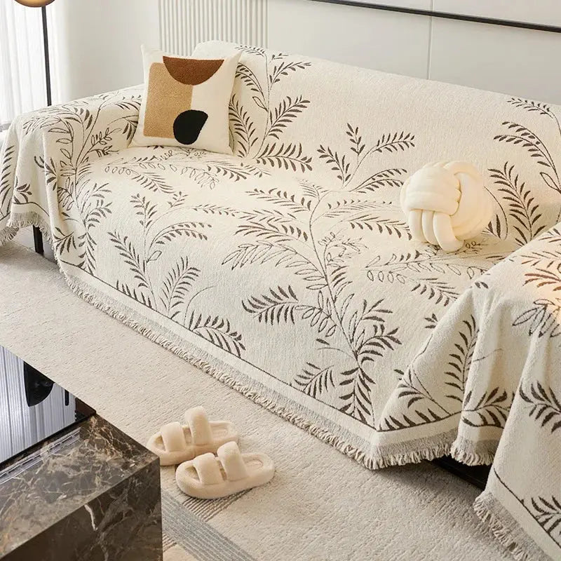 Chenille Jacquard Bankbeschermer met Bladpatroon - Antislip Bankhoes Bescherming