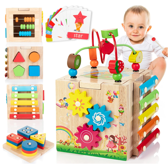 8-in-1 Houten Activiteitenkubus voor Peuters - Montessori Ontdekkubus met Xylofoon & Kralenframe
