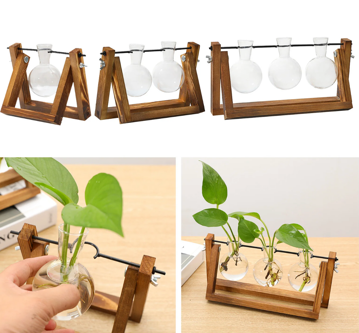Houten Stekjesstandaard voor Plantenstekjes met Glazen Buisjes | Vintage Decoratie voor Tafel