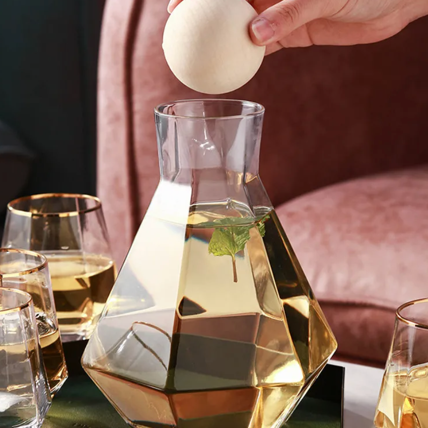 Glazen Karafset 5-delig met Diamantreliëf Transparant Glas Beukenhout Dop voor Serveren van Water Sap Wijn