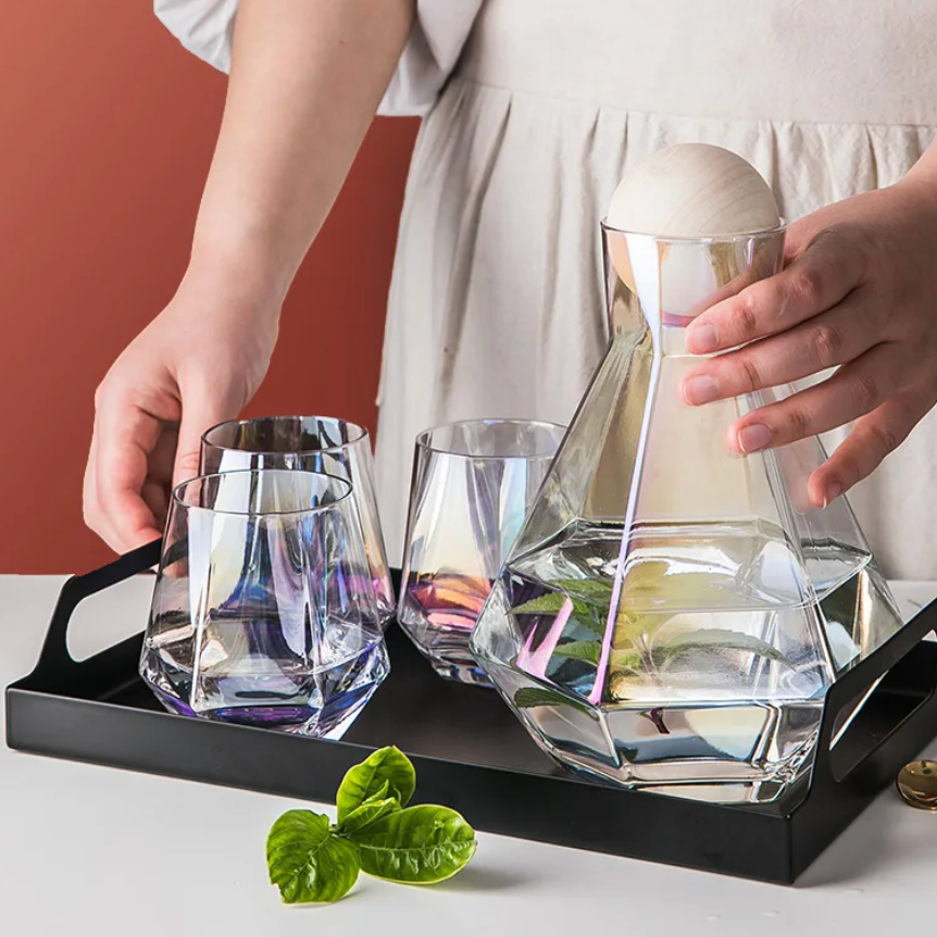 Glazen Karafset 5-delig met Diamantreliëf Transparant Glas Beukenhout Dop voor Serveren van Water Sap Wijn
