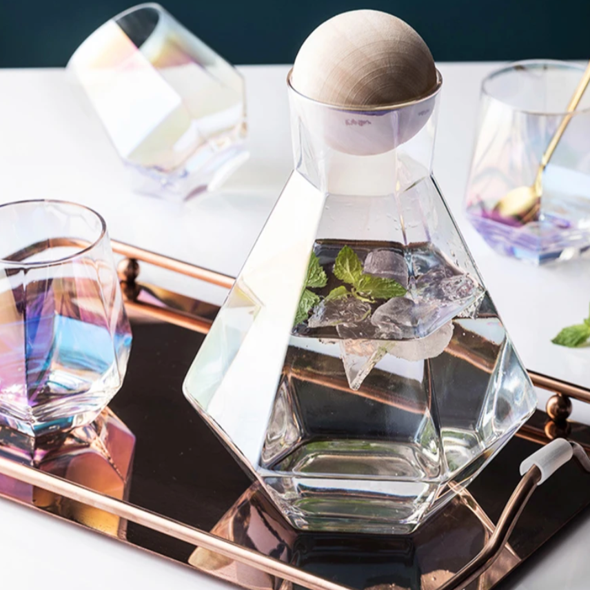 Glazen Karafset 5-delig met Diamantreliëf Transparant Glas Beukenhout Dop voor Serveren van Water Sap Wijn