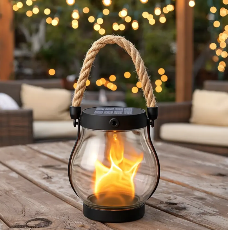 Zonne-energie Lantaarn Vlam Effect 22 LED 25,5cm Buiten Tuin Terras Hangend Zonne-energie Sfeerverlichting Henneptouw Waterdicht
