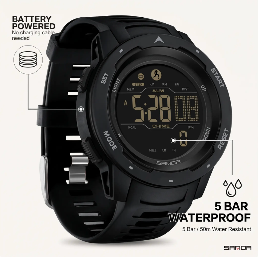 Digitaal Sporthorloge met Stappenteller - Waterbestendig Outdoorhorloge 5 Bar Waterdicht