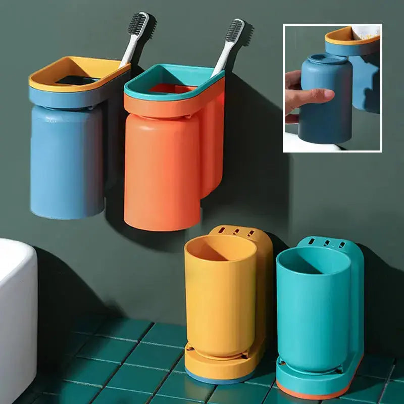 Tandenborstelhouder Zelfklevend ABS 2-in-1 Badkamer Organizer Bekerhouder Spatwand Opbergen Zonder Boren Set 2 Stuks