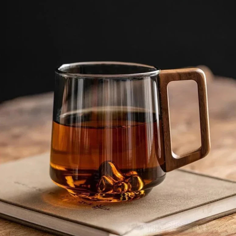 Glazen Bergpiek Beker met Dubbele Wand 300ml - Hittebestendig Borosilicaatglas met Houten Handgreep voor Koffie en Thee