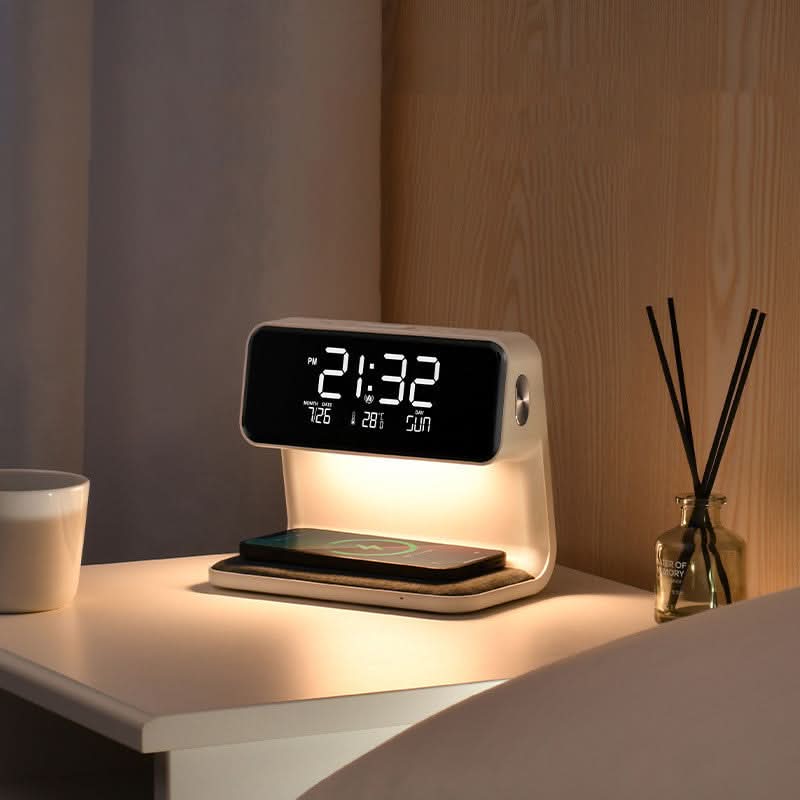 Nachtkastlamp met Draadloze Oplader en Wekker 3-in-1 Multifunctioneel LED Verlichting Touch Dimbaar Wit