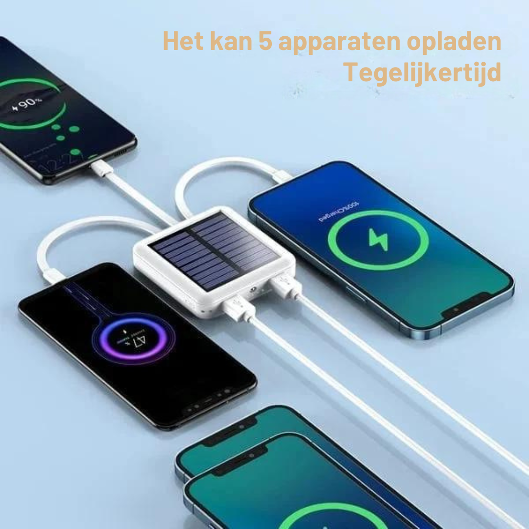 Draagbare Zonne-Energie Powerbank met LED-Zaklamp en Meerdere Oplaadpoorten - Ideaal voor Outdoor, Camping en Noodgevallen