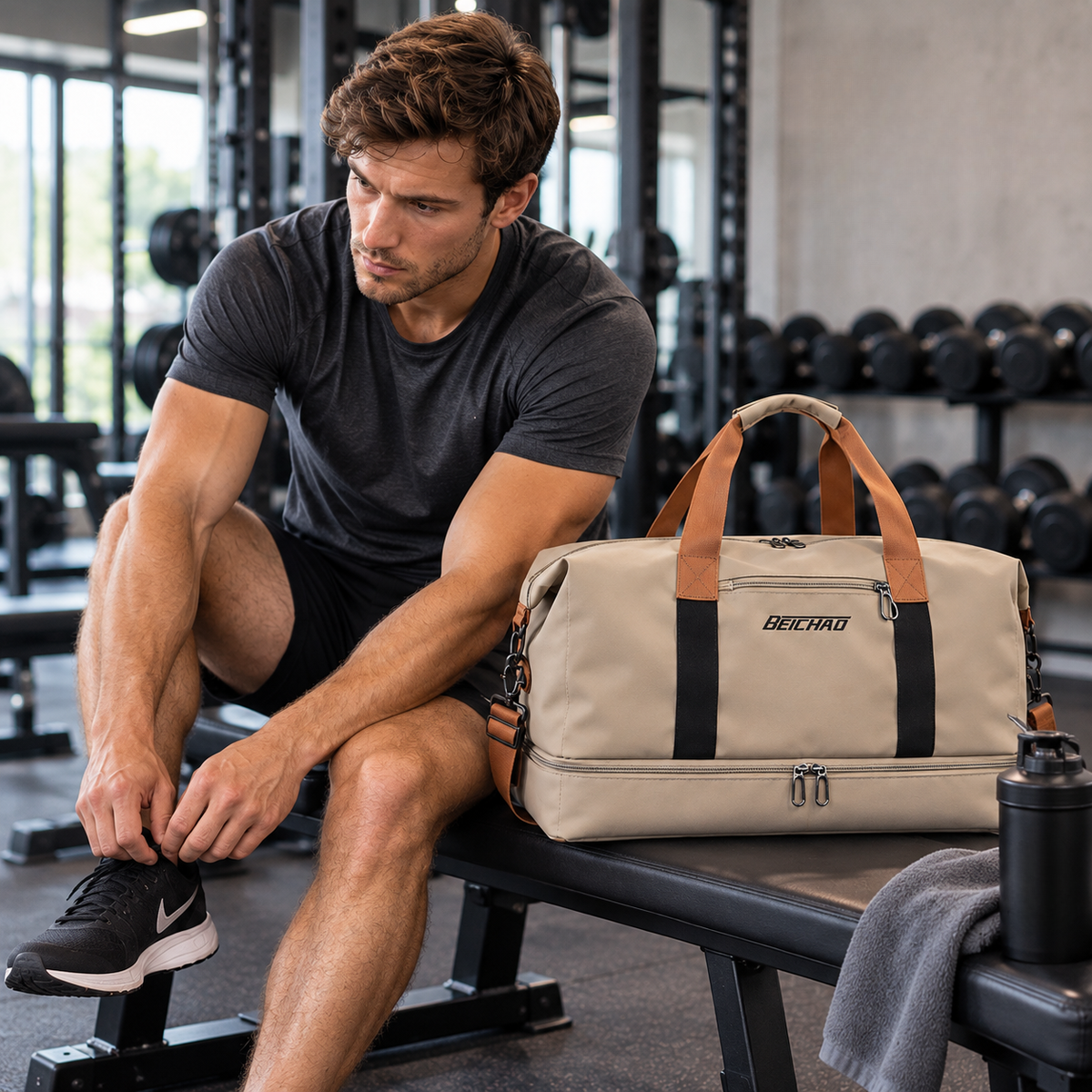 Sporttas met Schoenenvak en Natte-Droge Scheiding 46x25x28cm Oxford Stof Trolley Bevestiging Gym Fitness