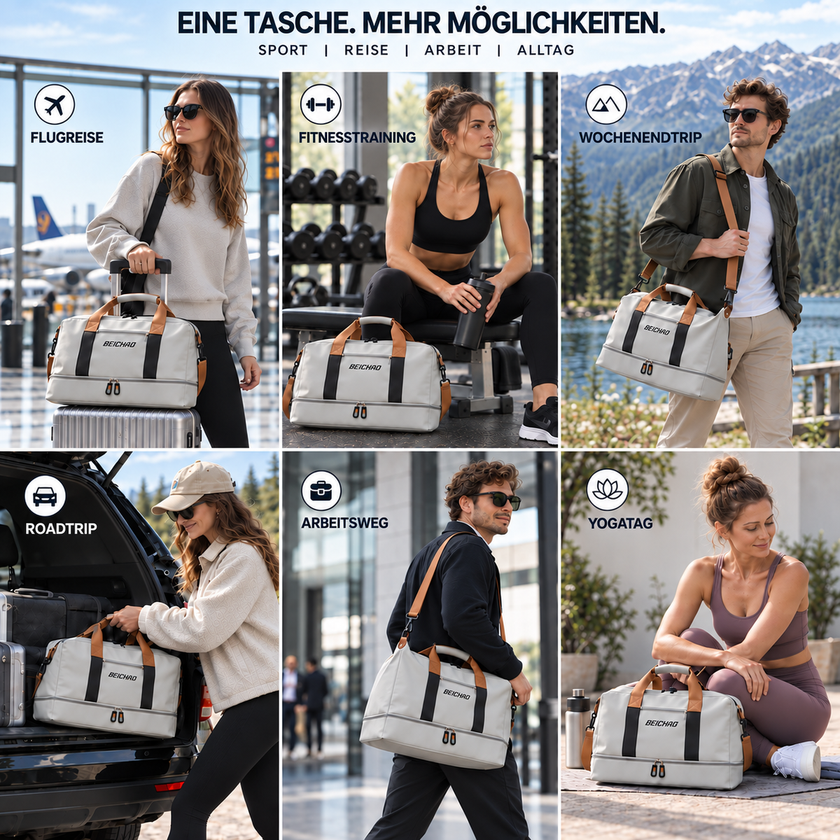 Sporttas met Schoenenvak en Natte-Droge Scheiding 46x25x28cm Oxford Stof Trolley Bevestiging Gym Fitness