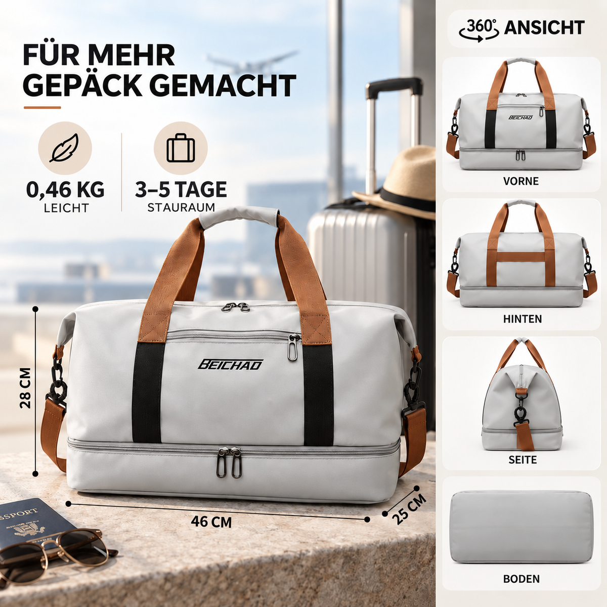 Sporttas met Schoenenvak en Natte-Droge Scheiding 46x25x28cm Oxford Stof Trolley Bevestiging Gym Fitness