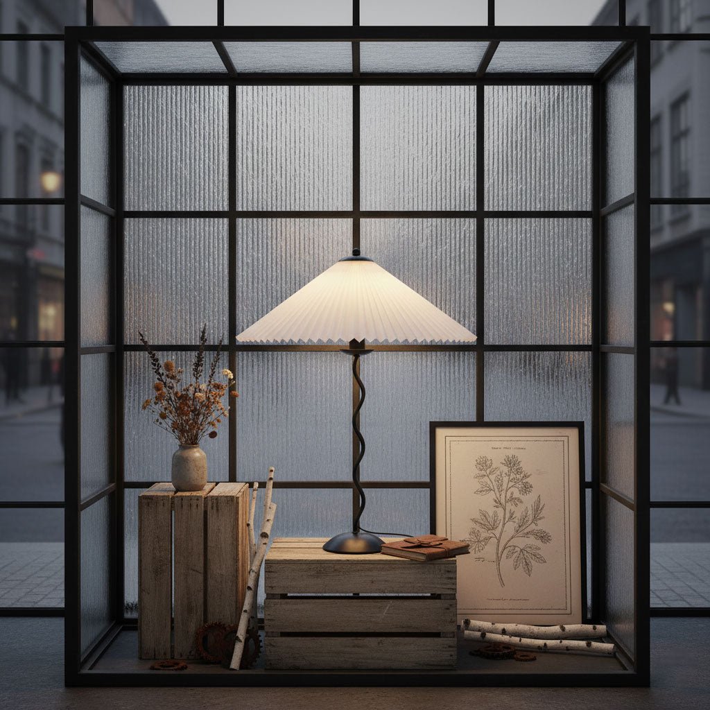 Tafellamp met Golvende Voet en Geplooide Kap - Scandinavisch Accent voor Woonkamer, Gang of Slaapkamer | Zwarte Basis met Beige, Witte, Donkergroene of Zwarte Stoffen Kap | E14 Fitting | Dimbaar met Drukknop