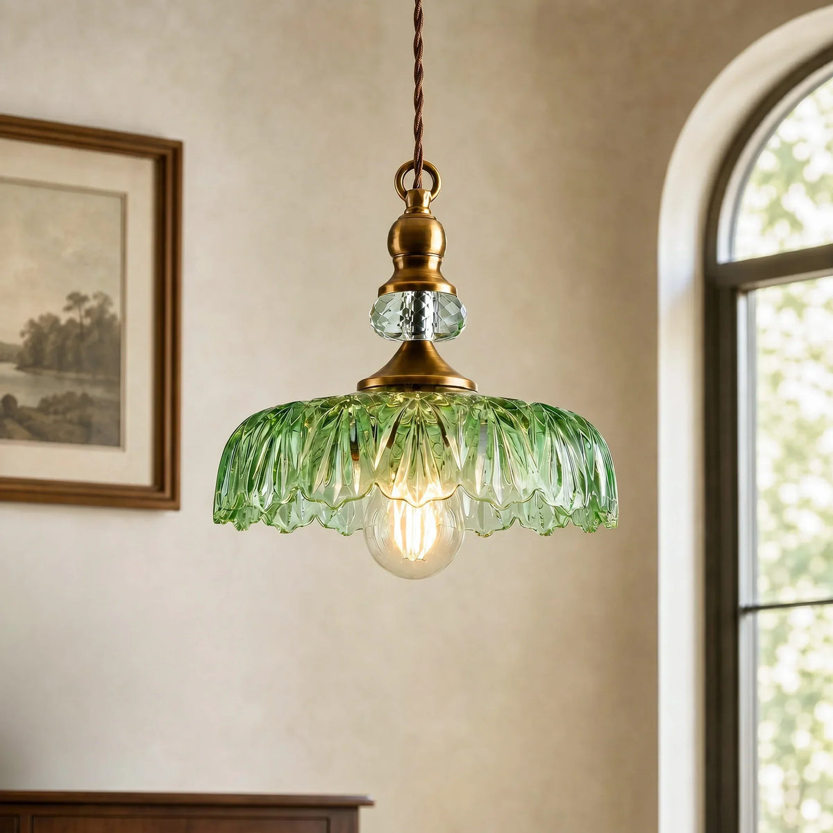 Vintage Hanglamp Glas Messing Bloemmotief Groen Zwart