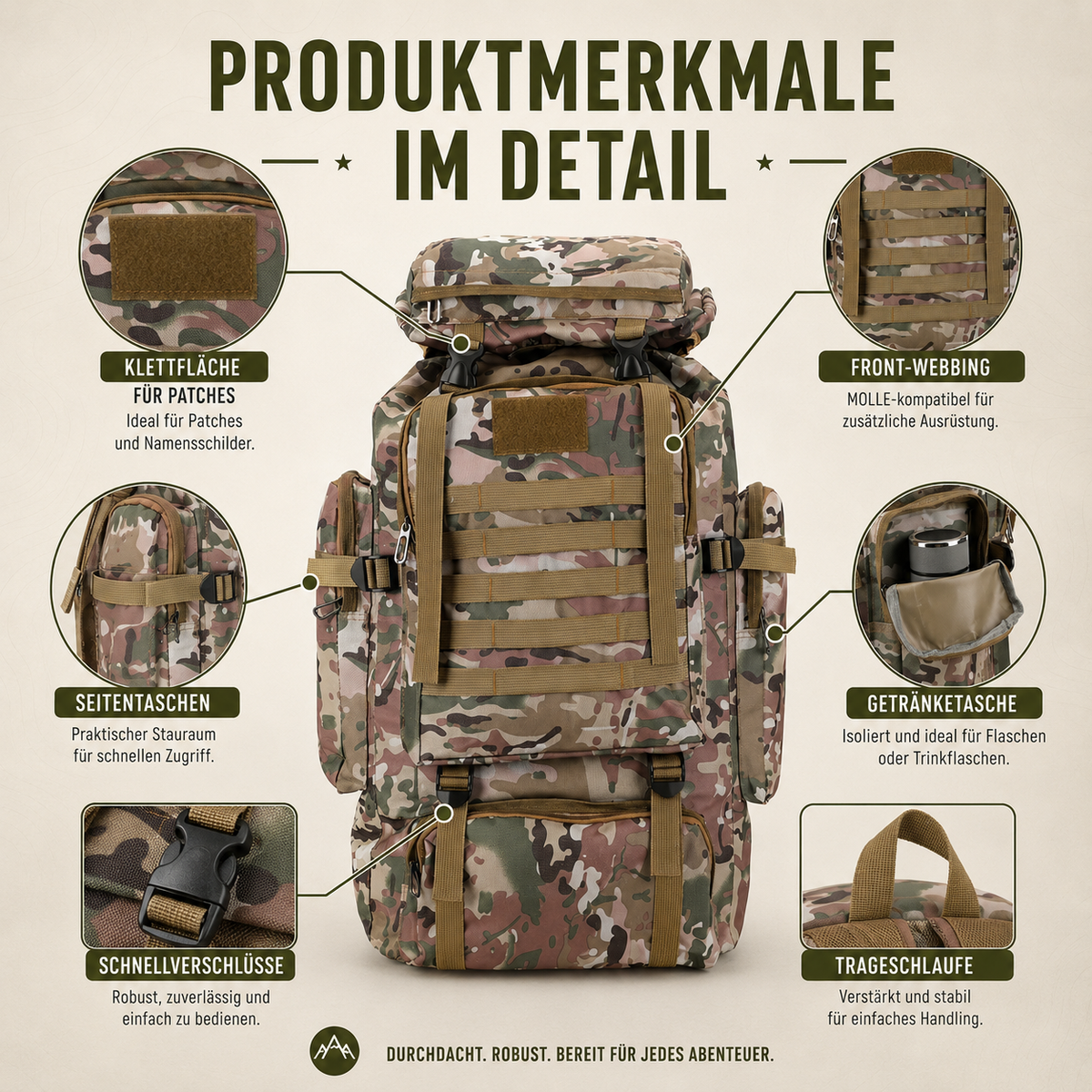 Trekkingrugzak 80 Liter met MOLLE Systeem Ergonomisch Outdoor Backpack Camouflage Khaki Zwart Wandelen
