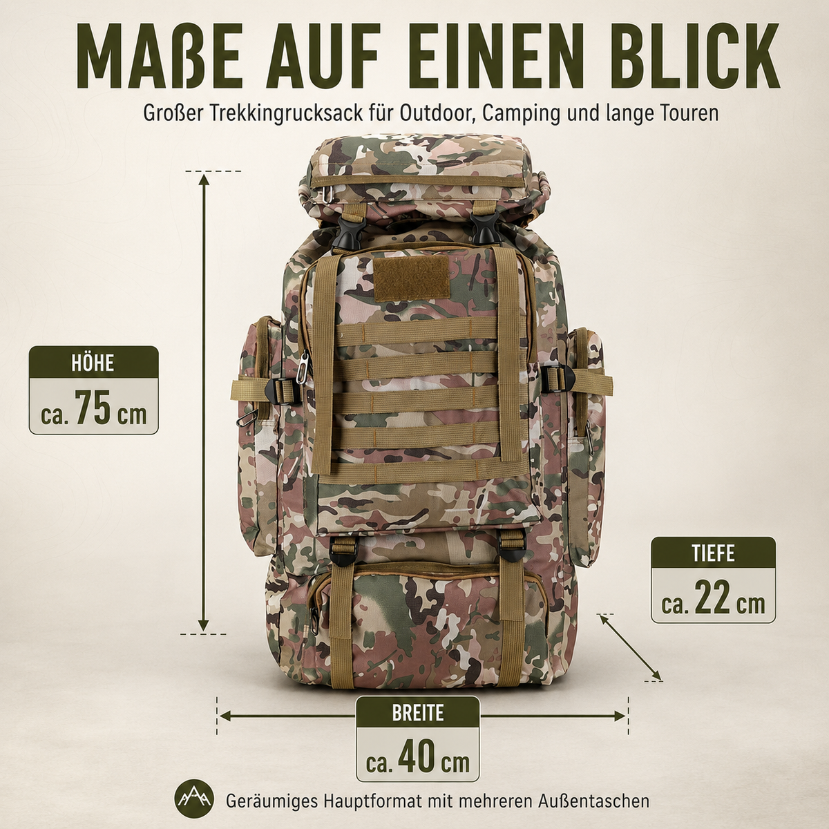 Trekkingrugzak 80 Liter met MOLLE Systeem Ergonomisch Outdoor Backpack Camouflage Khaki Zwart Wandelen