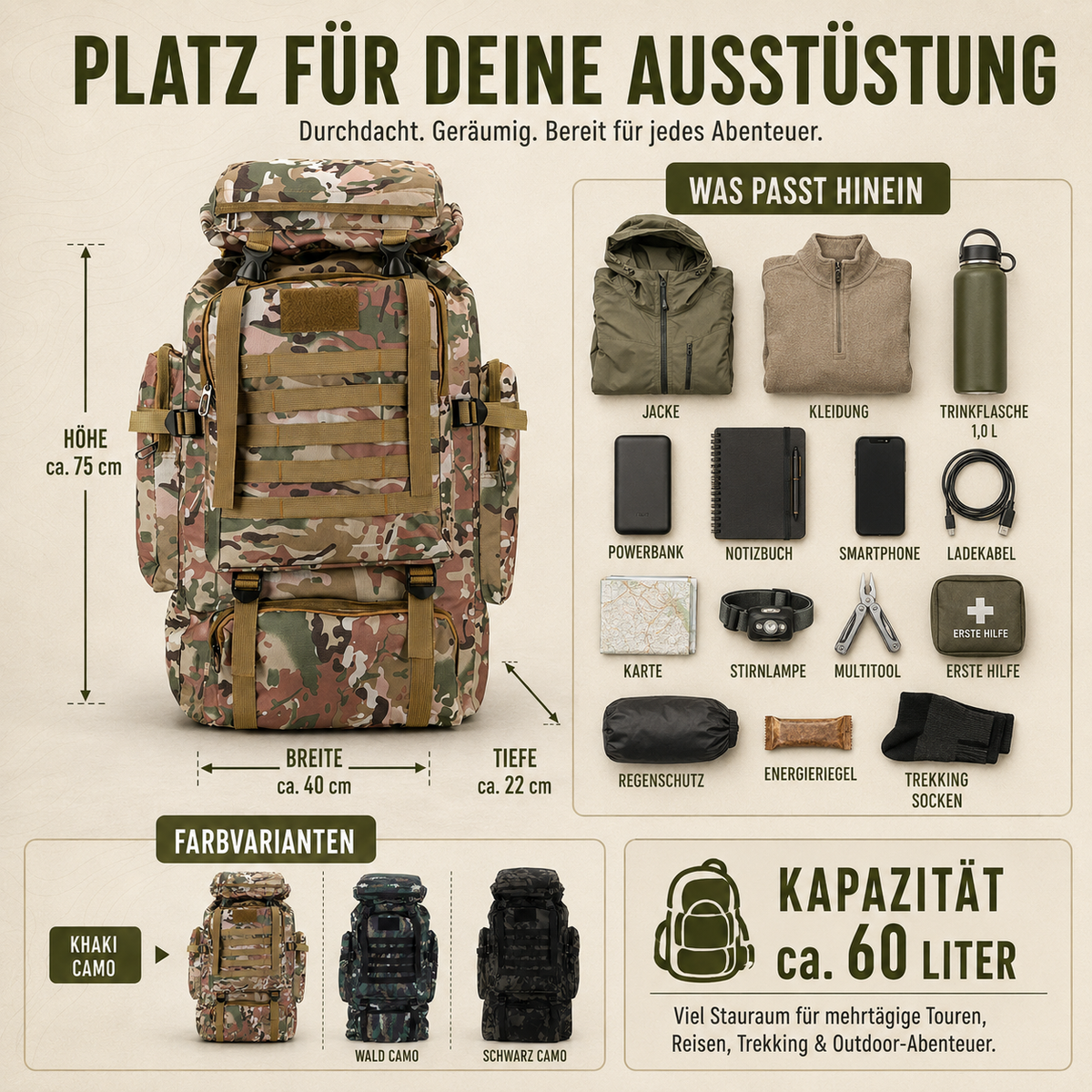 Trekkingrugzak 80 Liter met MOLLE Systeem Ergonomisch Outdoor Backpack Camouflage Khaki Zwart Wandelen
