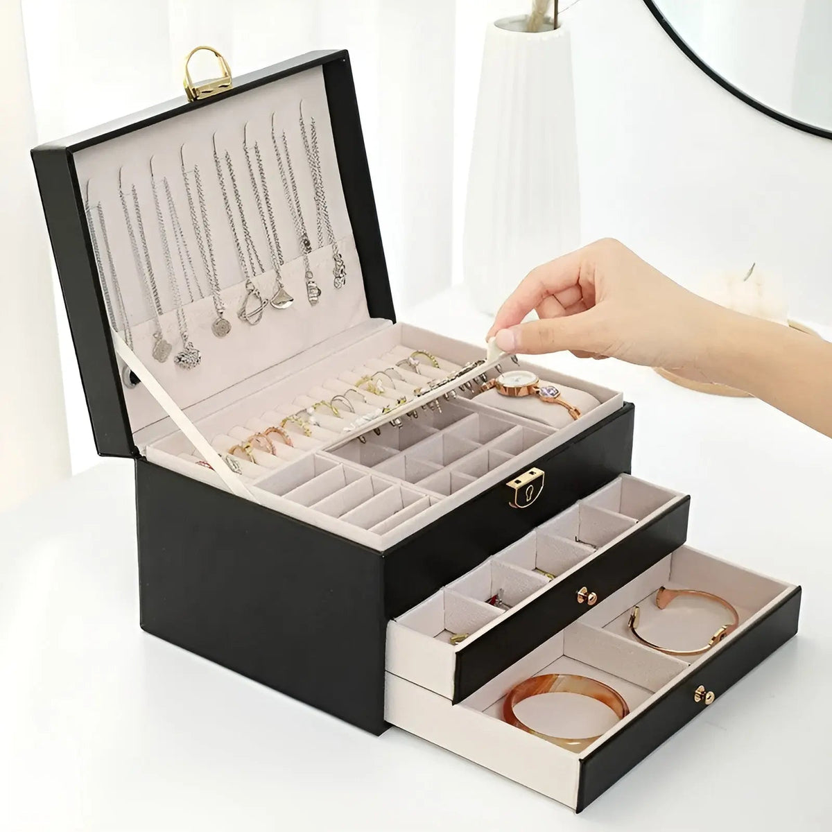 Luxe Sieradenbox met Meerdere Lagen - Elegante Opberger voor Ringen Kettingen Oorbellen - PU Leer - 23x17x13,5 cm