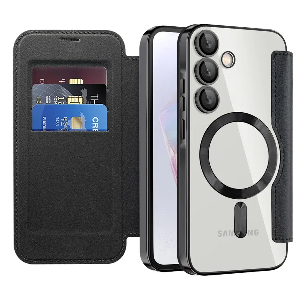 Doorzichtige Flipcase Portemonnee met Kaartvakjes Magnetische Sluiting voor Samsung Galaxy S22 S23 S24 S25 S26 Ultra