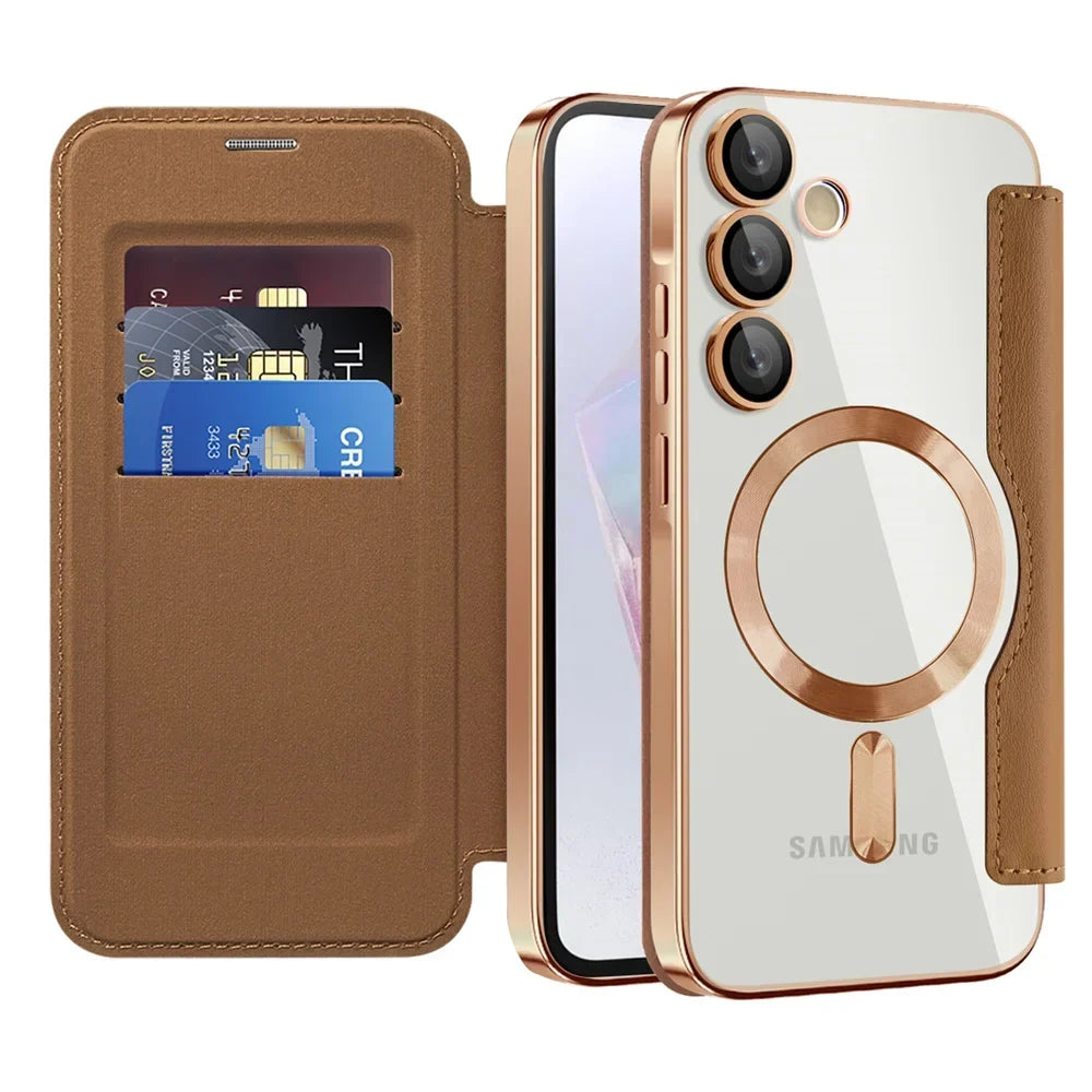 Doorzichtige Flipcase Portemonnee met Kaartvakjes Magnetische Sluiting voor Samsung Galaxy S22 S23 S24 S25 S26 Ultra