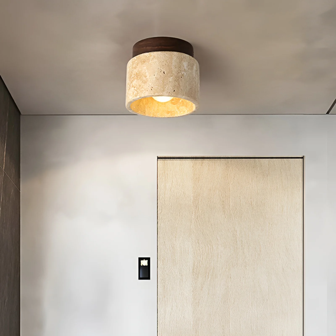 Japanse Plafondlamp Rond Travertijn Hout Warm Licht E27 Wabi Sabi Minimalistische Sfeerverlichting Woonkamer