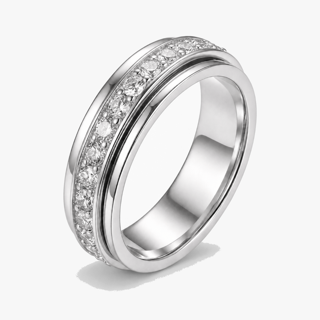 Draaibare Spinner Ring met Zirkonia Steentjes - Titanium Staal - Rustgevend Fidget Sieraad voor Vrouwen en Mannen