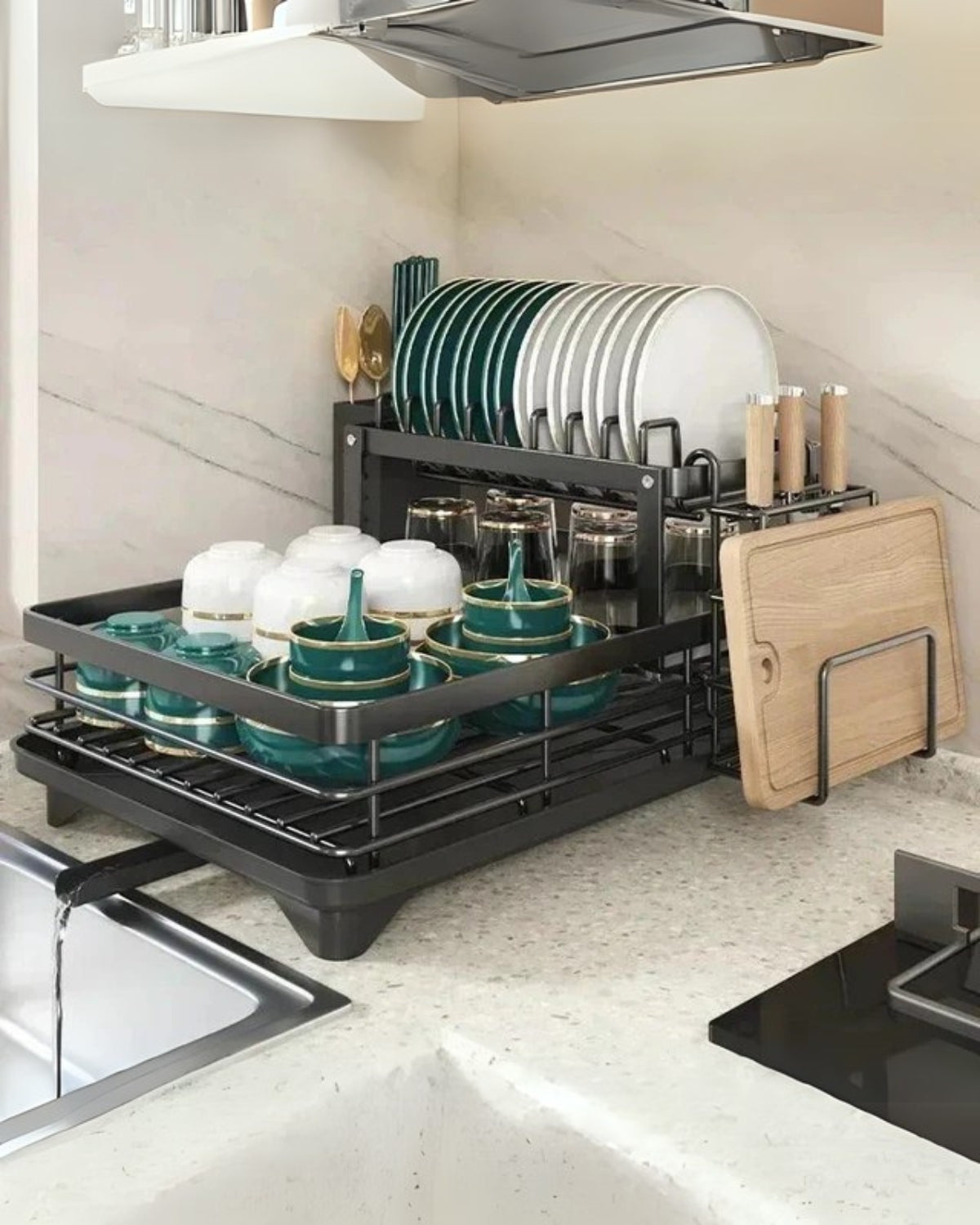 Modern afdruiprek van carbon staal met 360° draaibare afvoer - luxe keukendroogrek met meerdere niveaus
