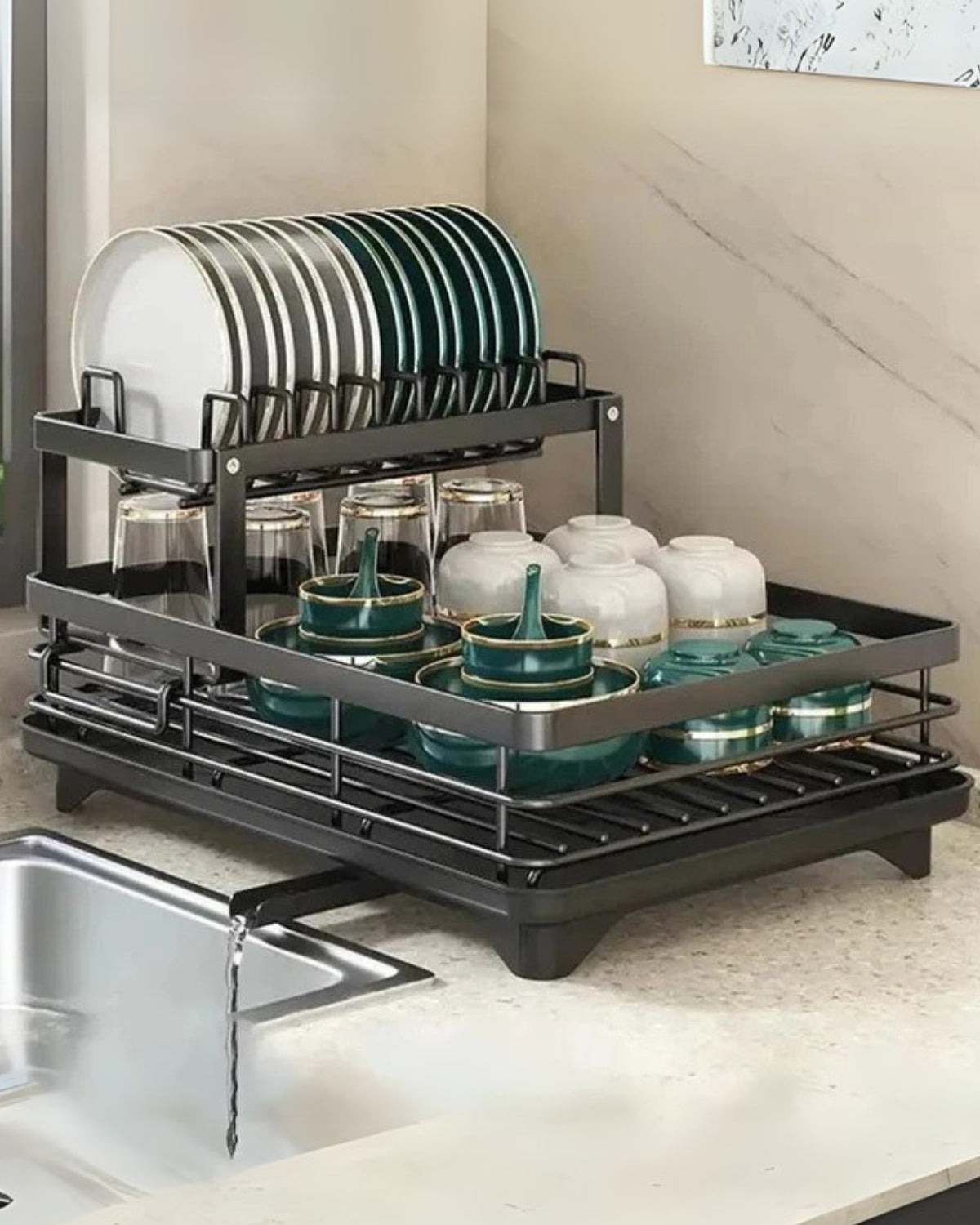 Modern afdruiprek van carbon staal met 360° draaibare afvoer - luxe keukendroogrek met meerdere niveaus