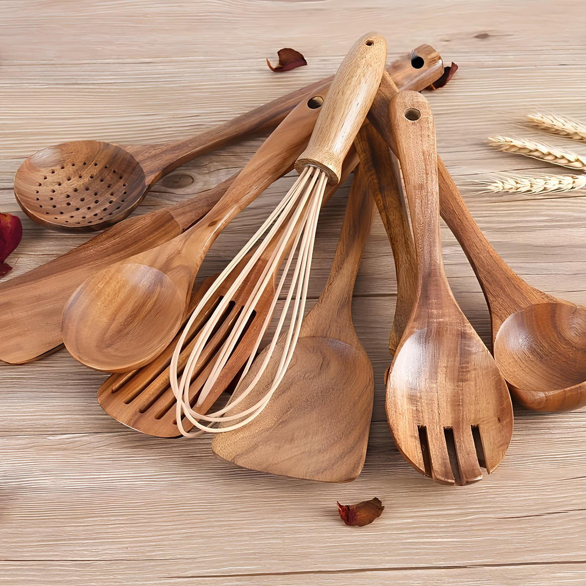 11-delige Teak Keukengerei Set met Houder - Houten Keukenhulpen