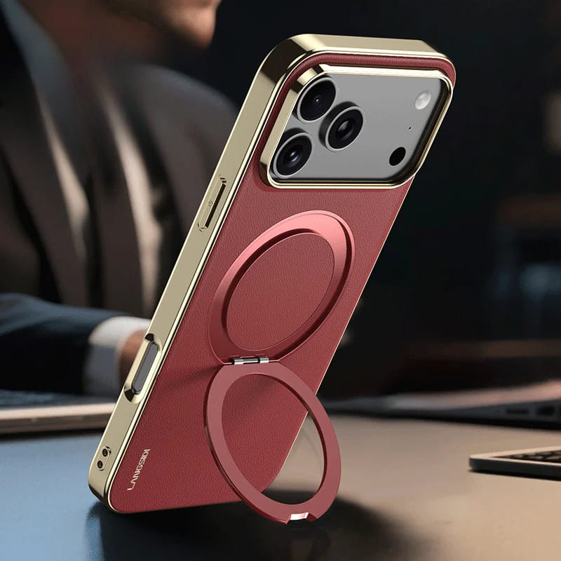 Lederen iPhone Hoesje met Draaibare Ringhouder MagSafe Compatibel voor Draadloos Opladen Telefoonhouder