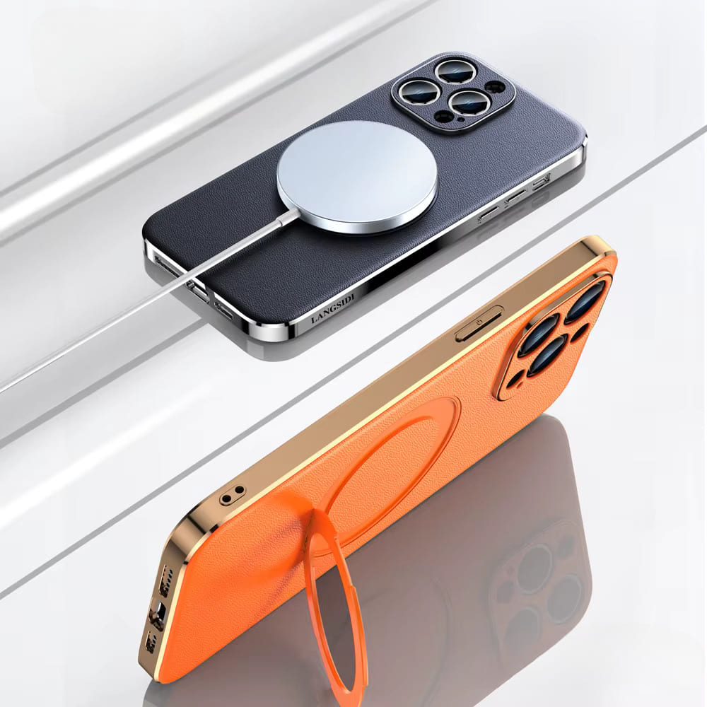 Lederen iPhone Hoesje met Draaibare Ringhouder MagSafe Compatibel voor Draadloos Opladen Telefoonhouder