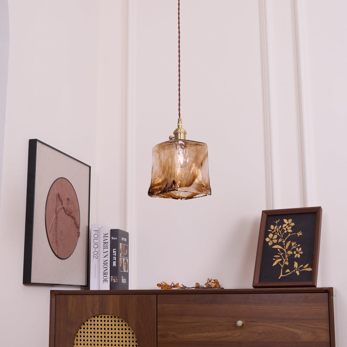 Vintage Hanglamp Messing & Amber Glas - Retro Verlichting Eetkamer Keukeneiland Bar Restaurant - E26/E27 Max 40W