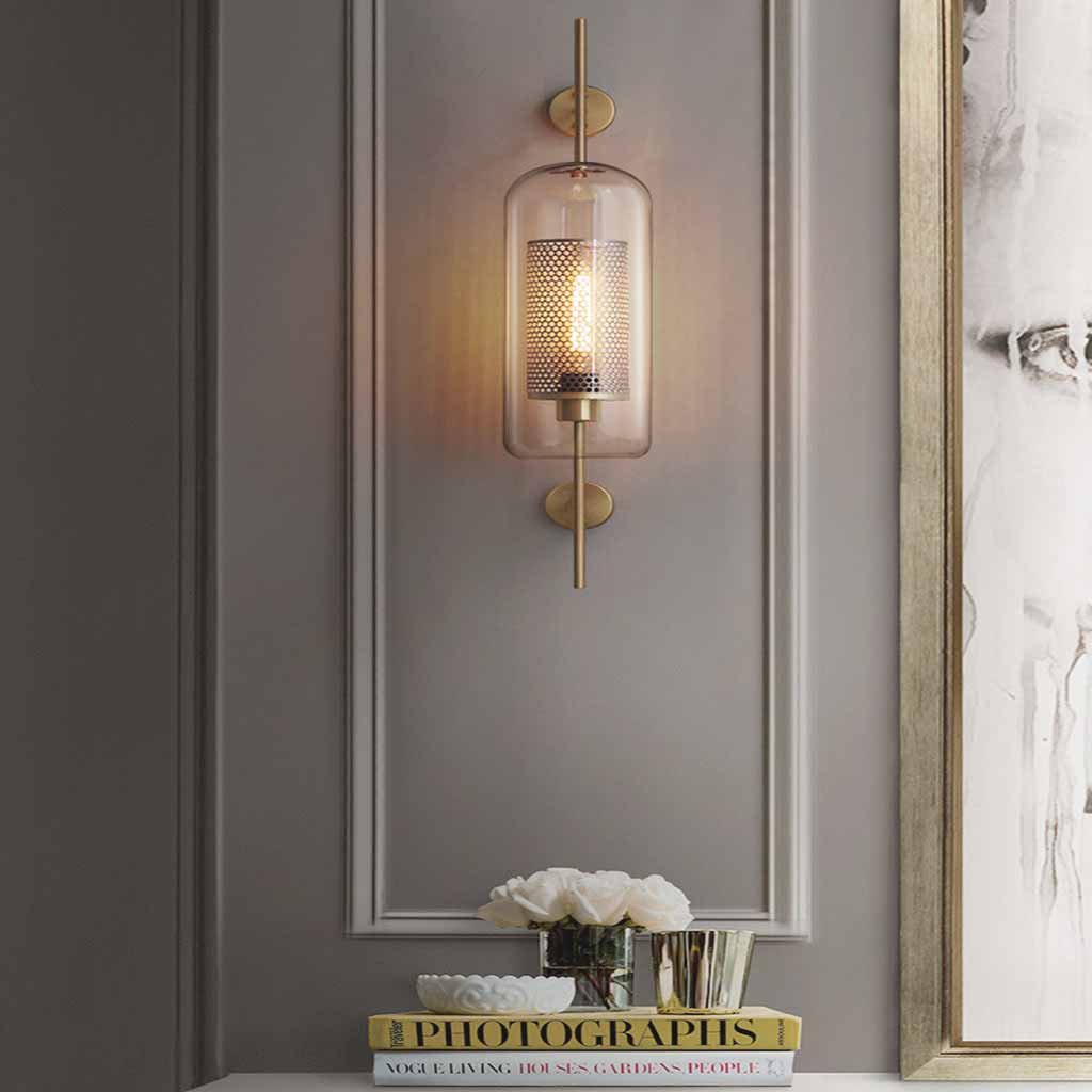 Wandlamp Glazen Cilinder met Geperforeerde Messing Kap Modern Design Warm Licht Sfeerverlichting Woonkamer
