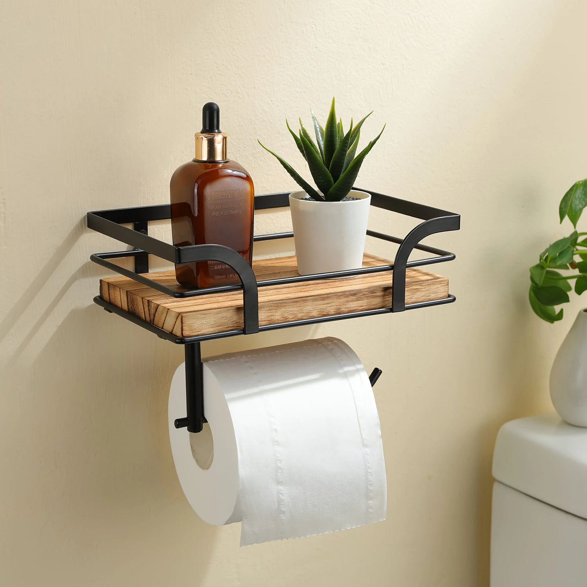 Wandplank met Toiletrolhouder - Metalen Frame met Houten Plank voor Badkamer