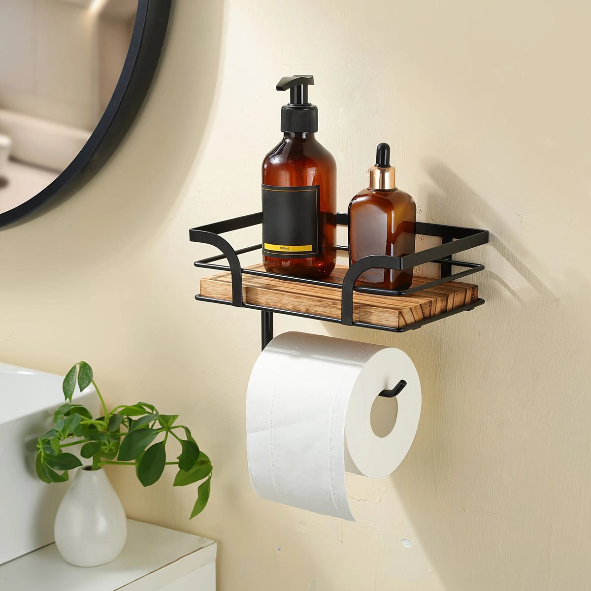 Wandplank met Toiletrolhouder - Metalen Frame met Houten Plank voor Badkamer