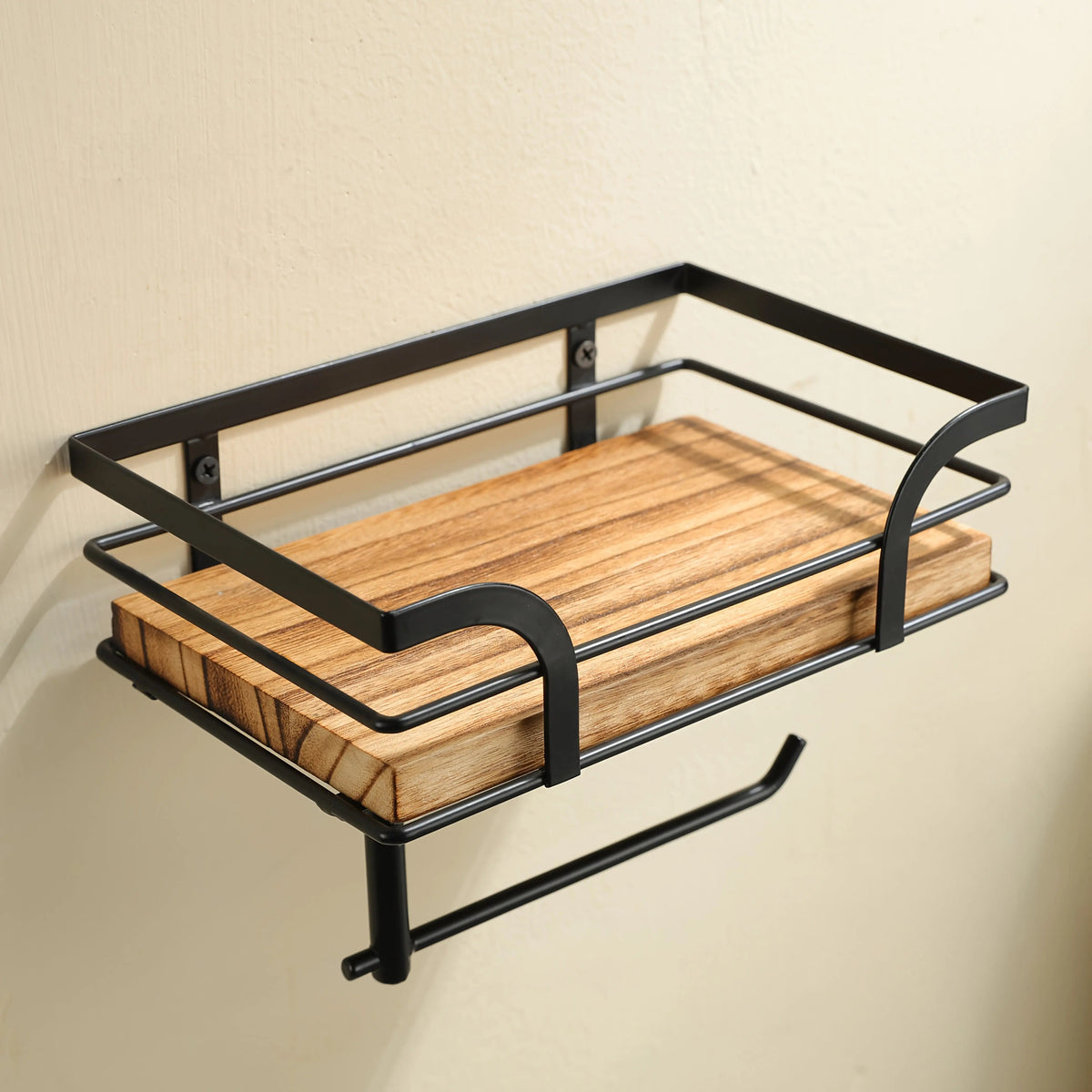 Wandplank met Toiletrolhouder - Metalen Frame met Houten Plank voor Badkamer