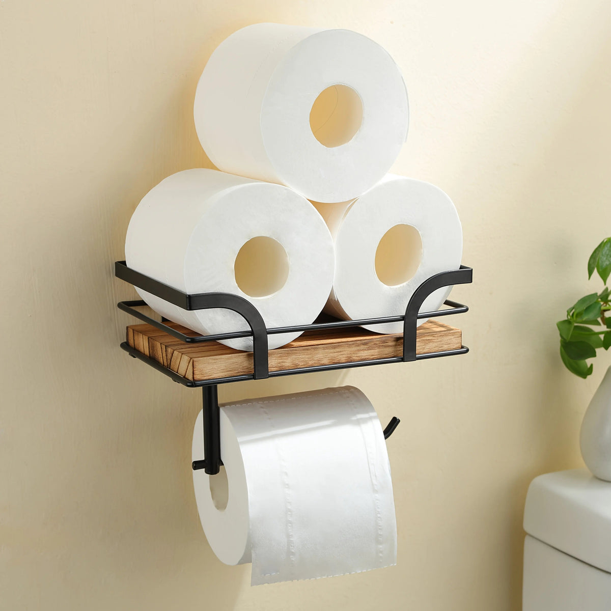 Wandplank met Toiletrolhouder - Metalen Frame met Houten Plank voor Badkamer