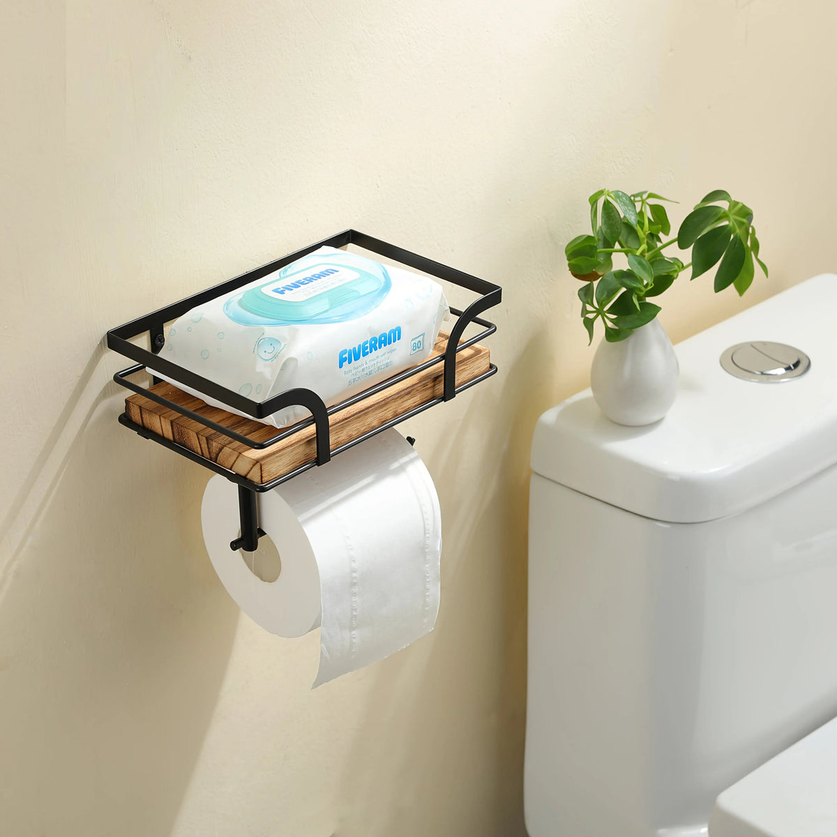 Wandplank met Toiletrolhouder - Metalen Frame met Houten Plank voor Badkamer