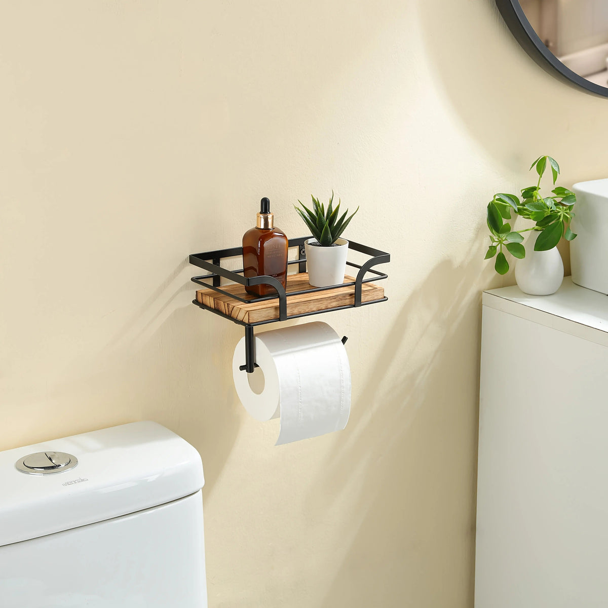 Wandplank met Toiletrolhouder - Metalen Frame met Houten Plank voor Badkamer