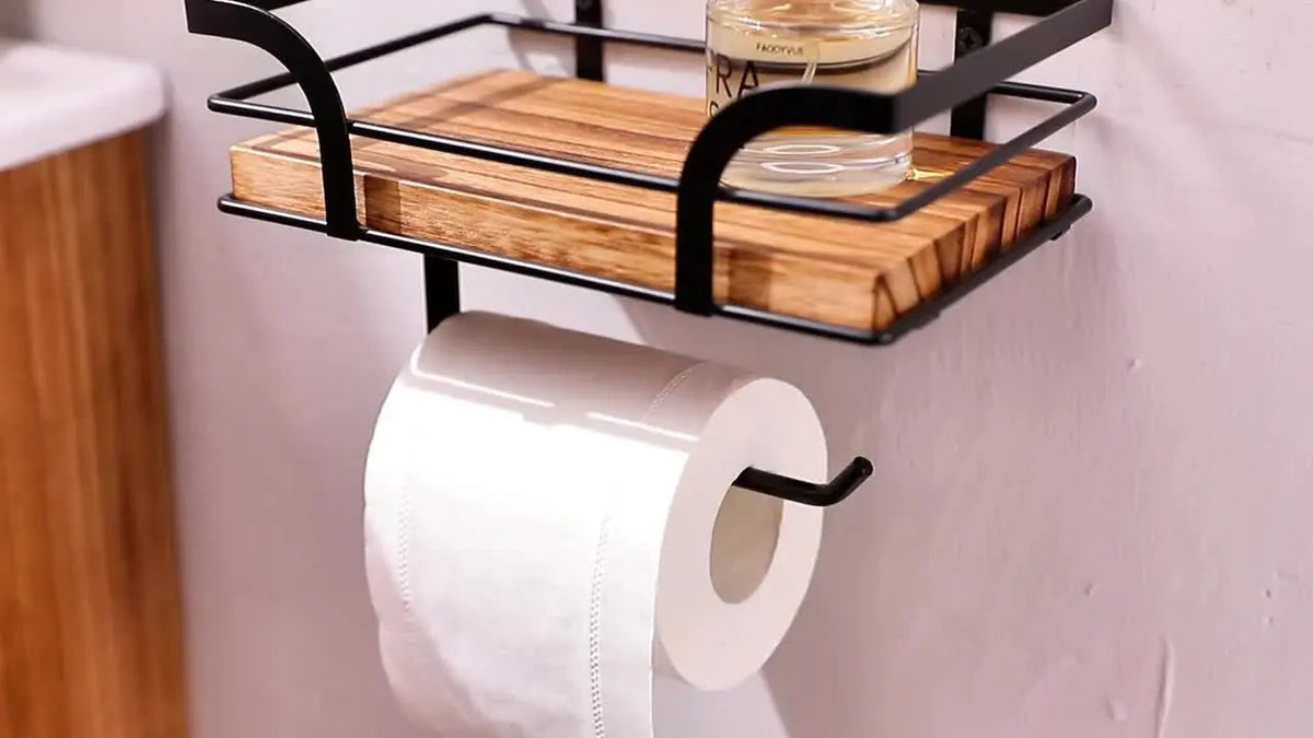Wandplank met Toiletrolhouder - Metalen Frame met Houten Plank voor Badkamer