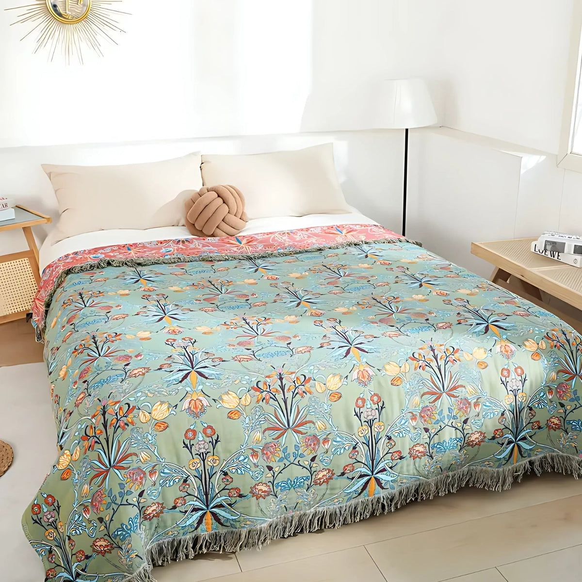 Katoenen Wenddeken met Bloemenweving en Kwasten - Zachte Jacquardplaid voor Bed en Bank