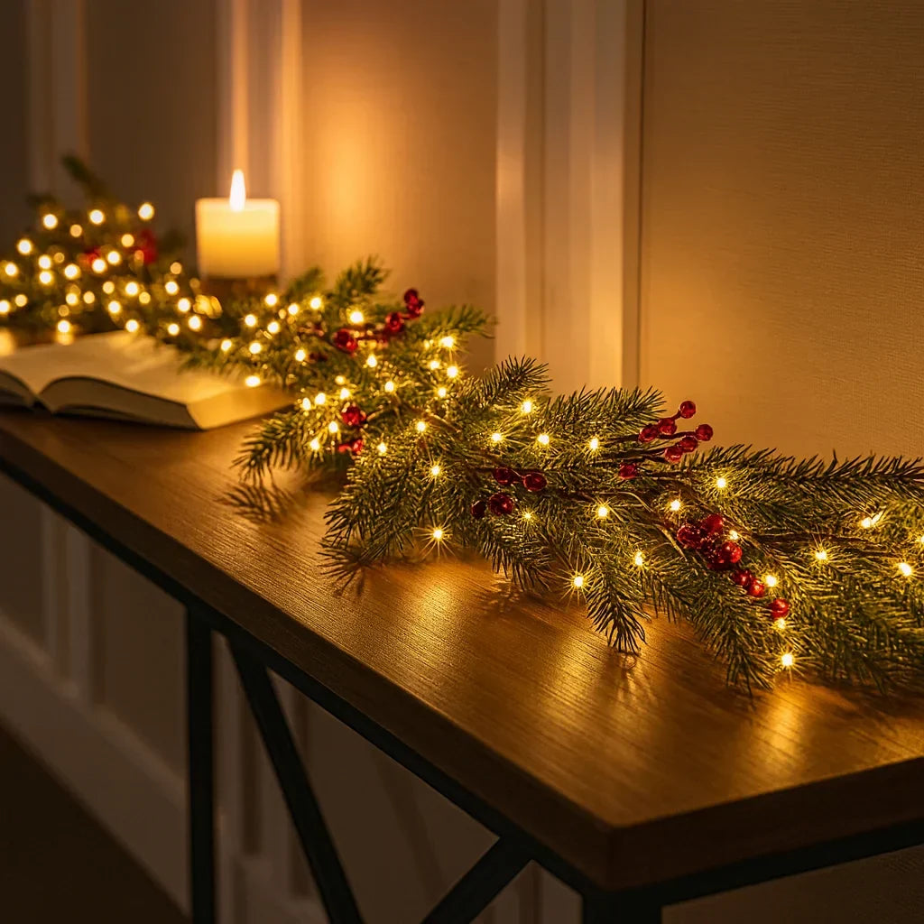 Verlichte Kerstslinger met Rode Bessen en Dennentakken 180cm Warm Wit - LED-decoratie voor Binnen
