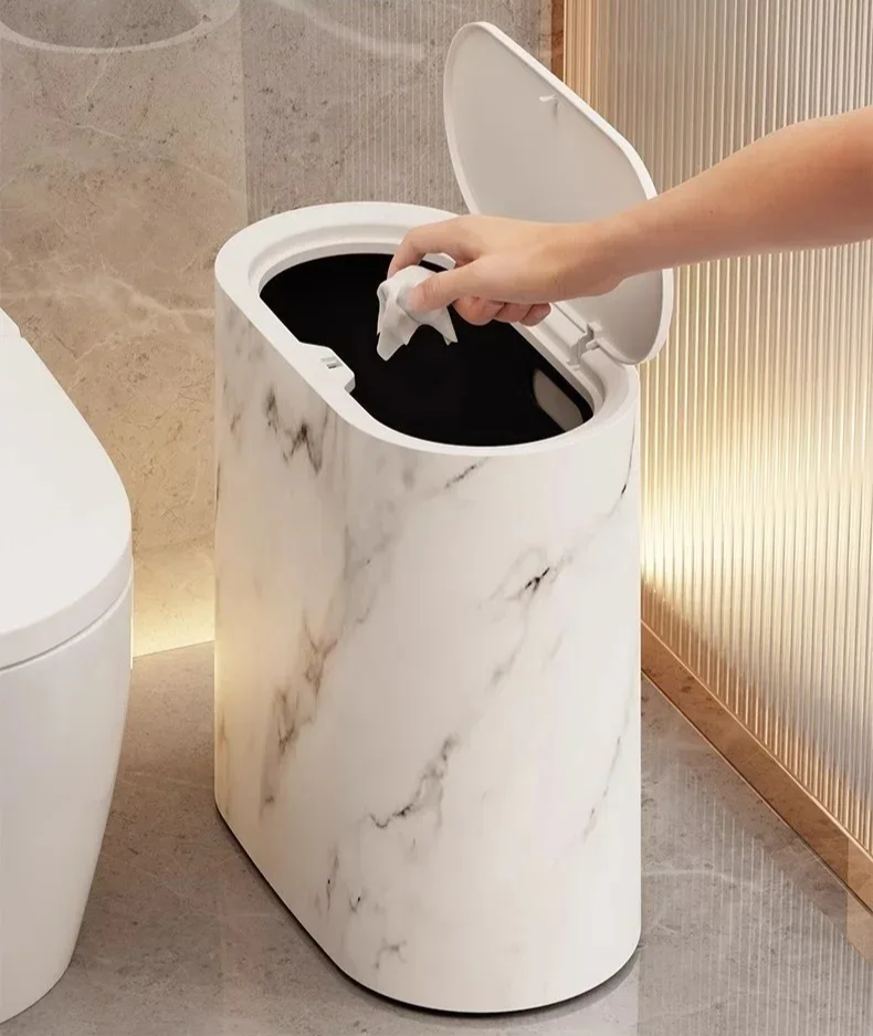 Afvalbak Marmerdesign Ellips Push Deksel Badkamer WC Kantoor Nordic Scandinavisch Compact Hygiënisch
