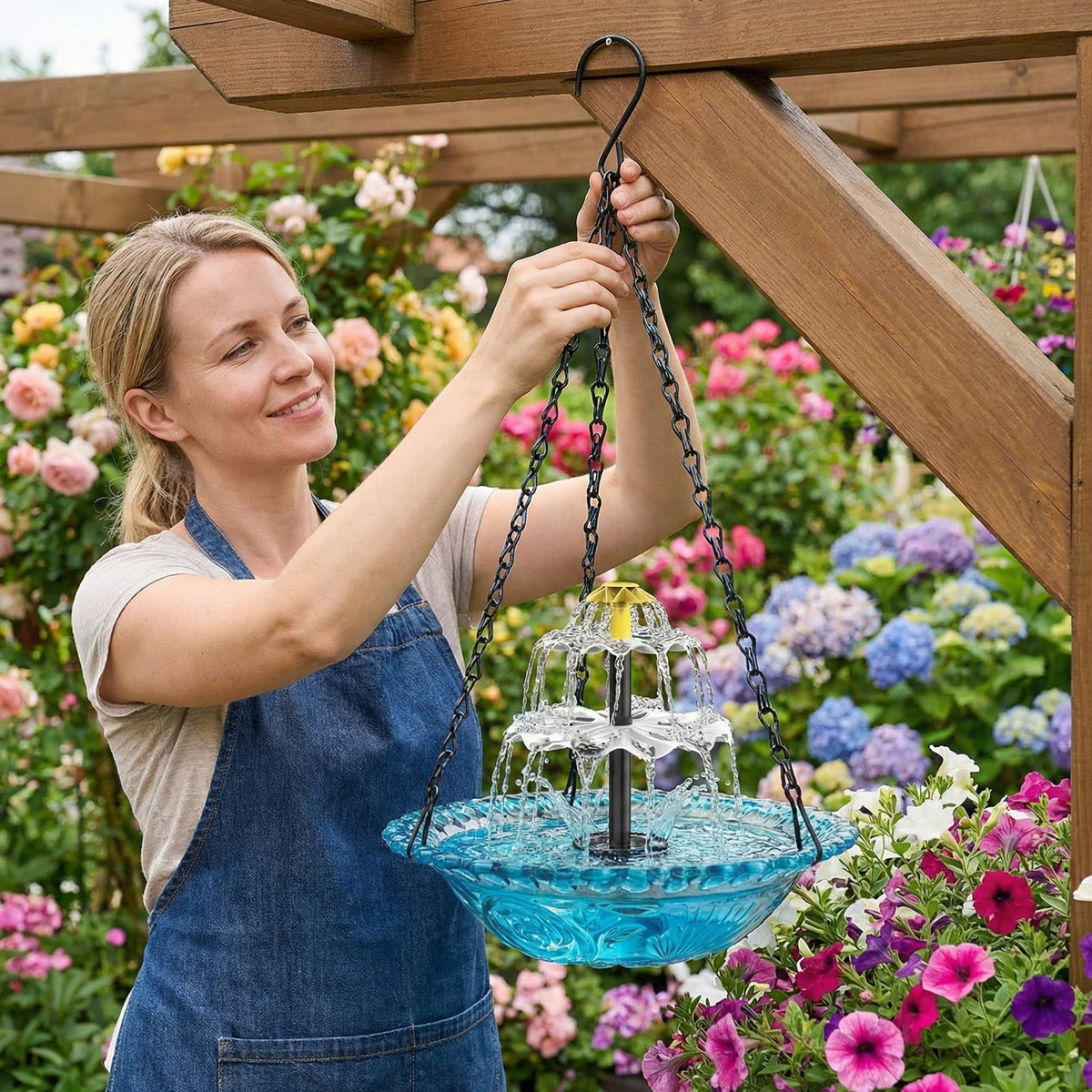 Hangende Vogelbadwaterfontein op Zonne-energie Tweeniveaus Glas Metaal voor Tuin Terras Balkon