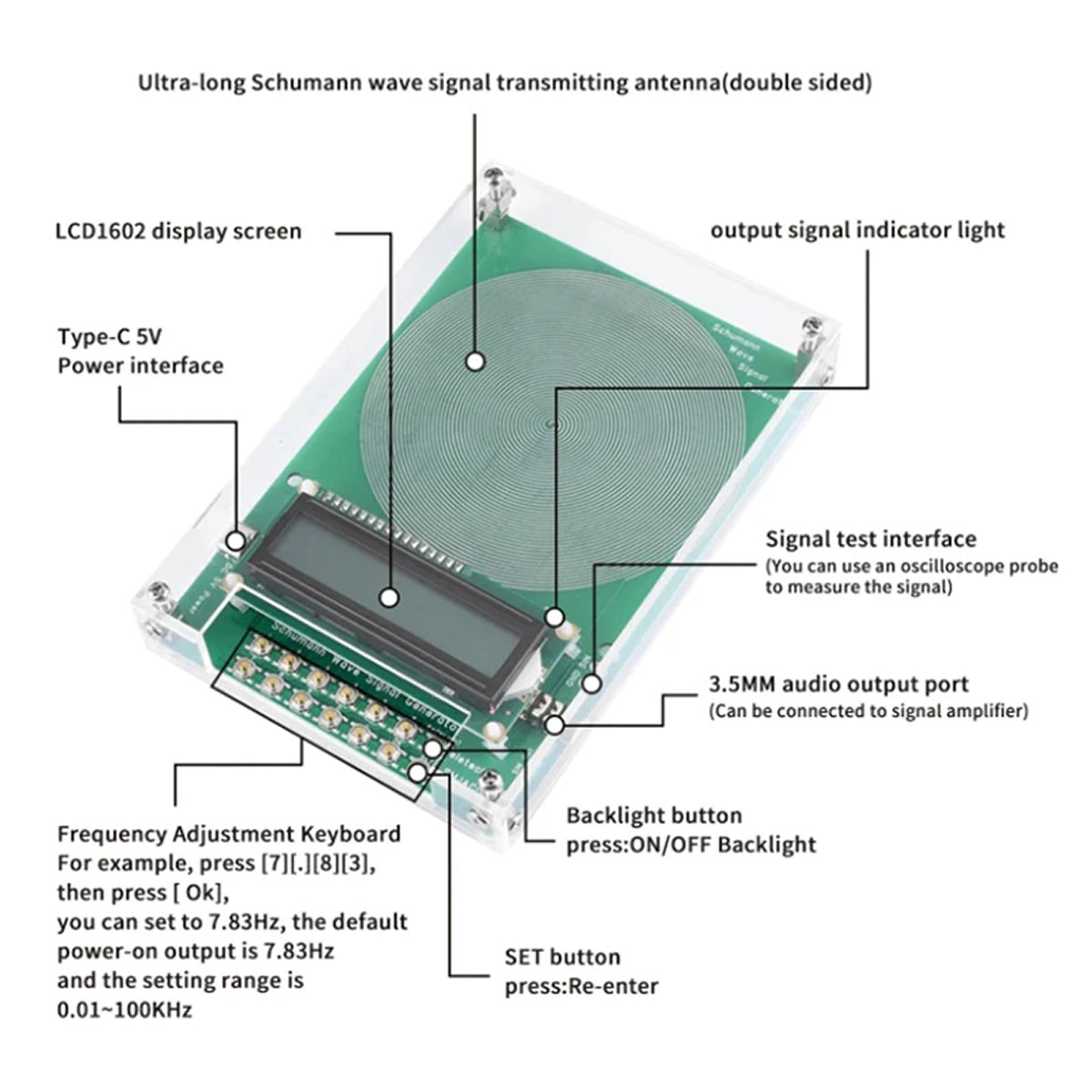 Laagfrequente Signaalgenerator 0.01-100000Hz Kristaloscillator LCD Display Type-C 7.83Hz Schumann Golfgenerator