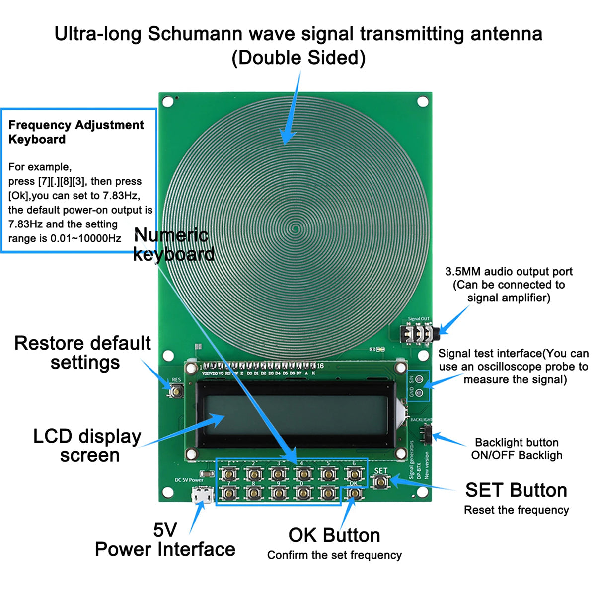 Laagfrequente Signaalgenerator 0.01-100000Hz Kristaloscillator LCD Display Type-C 7.83Hz Schumann Golfgenerator