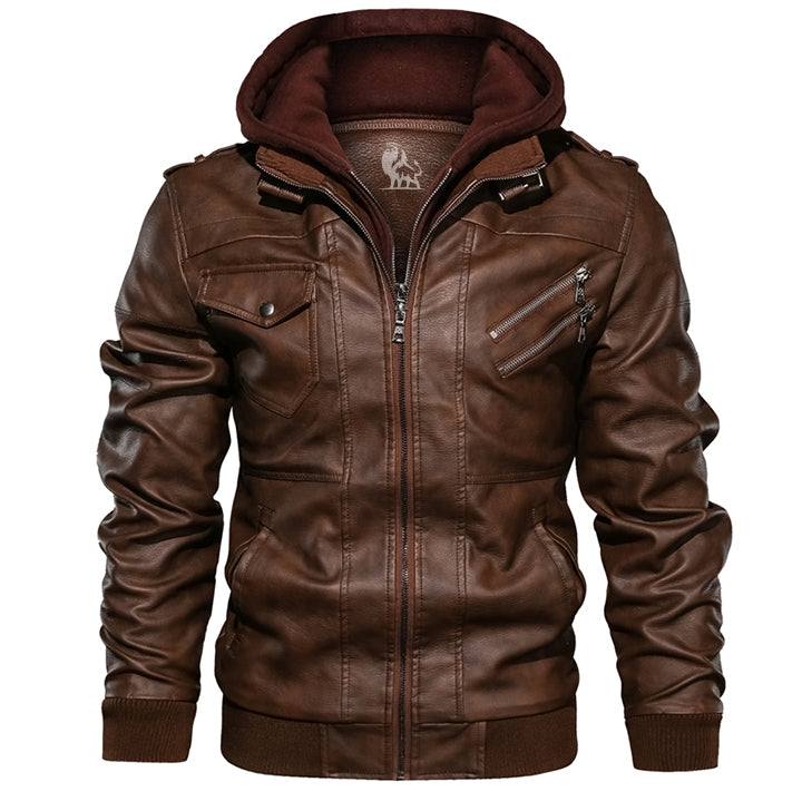 Leren Herenjack met Afneembare Capuchon Cognacbruin Premium Kunstleer Waterafstotend voor Herfst Winter
