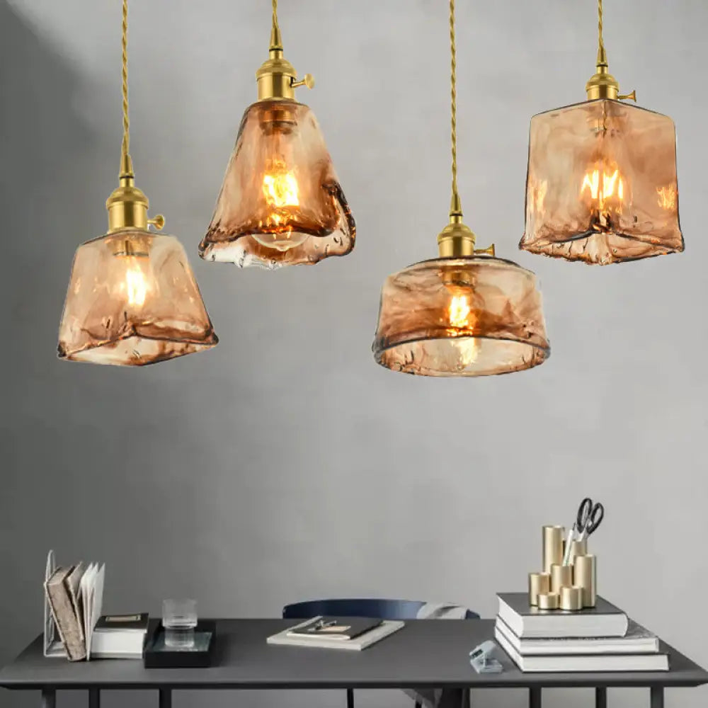 Vintage Hanglamp met Kegelkap in Glas - Messing/Koper Armatuur voor Woonkamer & Eetkamer