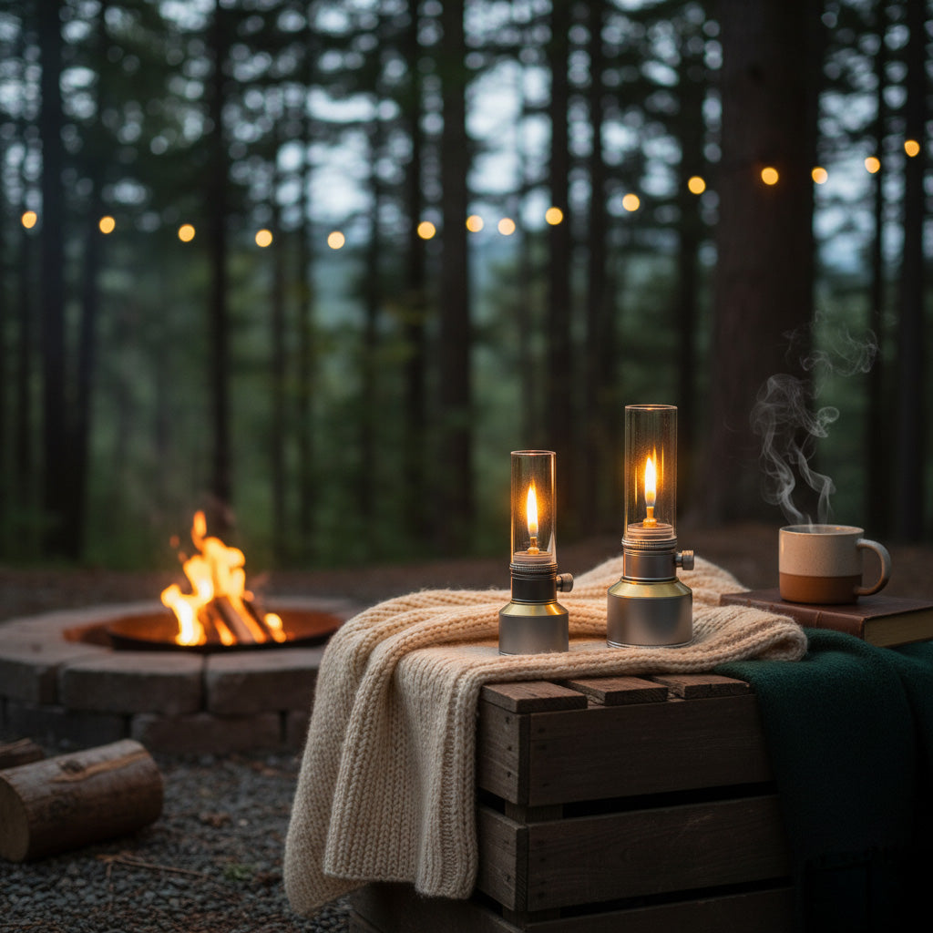 Vintage Campinglamp op Butaan met Verstelbare Vlam - Compact Buitenlicht voor Wandelaars en Avonturiers