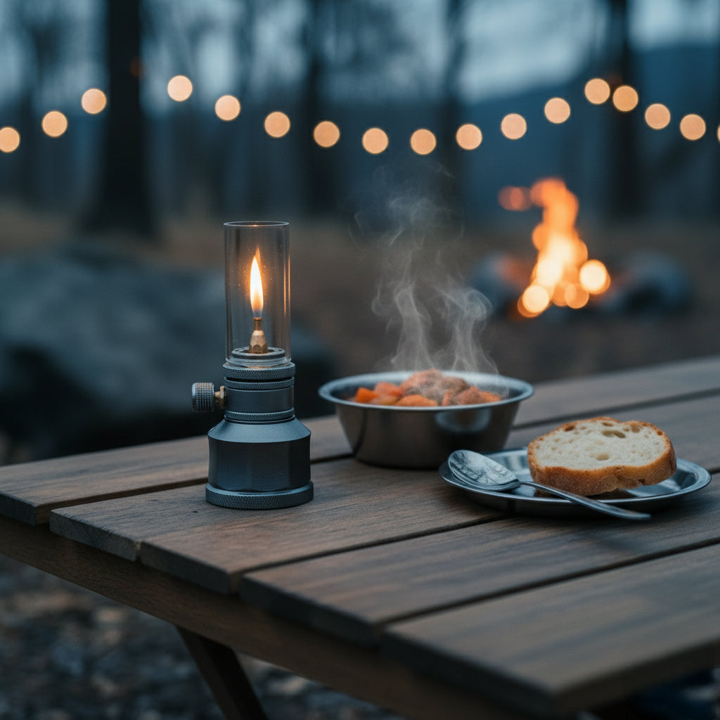 Vintage Campinglamp op Butaan met Verstelbare Vlam - Compact Buitenlicht voor Wandelaars en Avonturiers