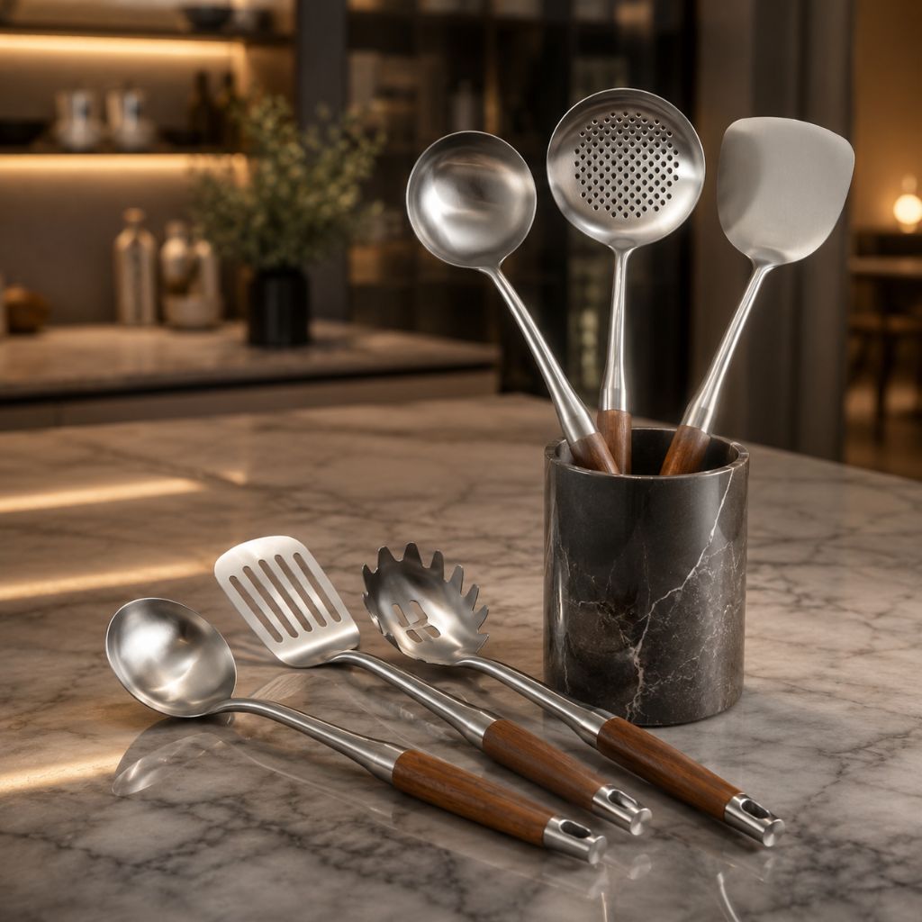 Keukengerei Set Roestvrij Staal 6-delig met Houten Handvat Lepel Spatel Soeplepel Pastaserver Kookgerei